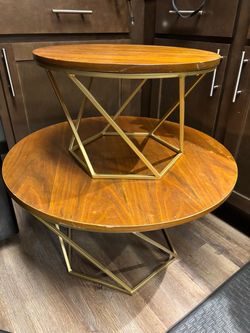 Round Wood Top Side Tables with Gold Base Set of 2