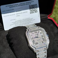 Cartier Santos 40mm Large diamond set iced out bussdown watch pave Roman dial open card box