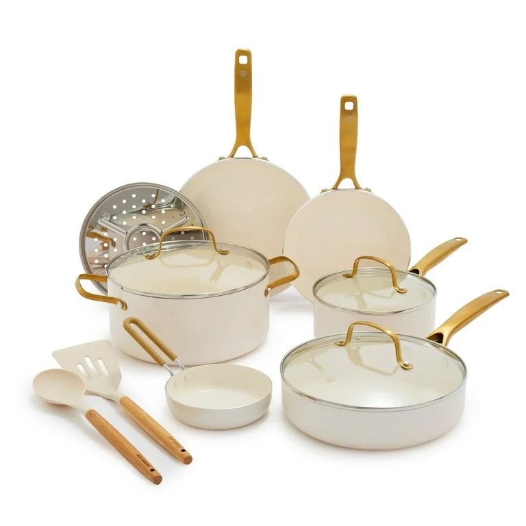 Blue Diamond White 12 Piece Nonstick Aluminum Pot and Pan Cookware Set Gold