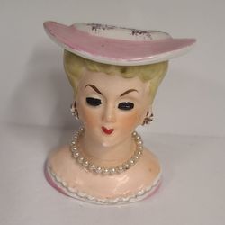 Beautiful Small Vintage Lady Head Vase Pink With Pearl Necklace 