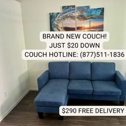 Buy Now, Pay Later! Brand New Blue Couch w/ Reversible Chaise - Free Delivery