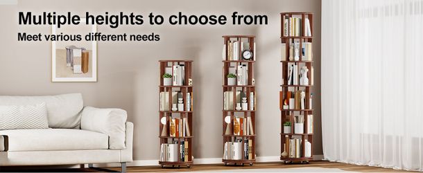 100%Solid Wood Rotating Bookshelf on Wheels, 4 Tier, Round Revolving Bookcase, 360° Spinning Book Shelf Tower for Kids, Narrow Rolling Bookshelves for