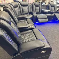 Black leather Sectional Power Recliner sofa with LED and Wireless charger