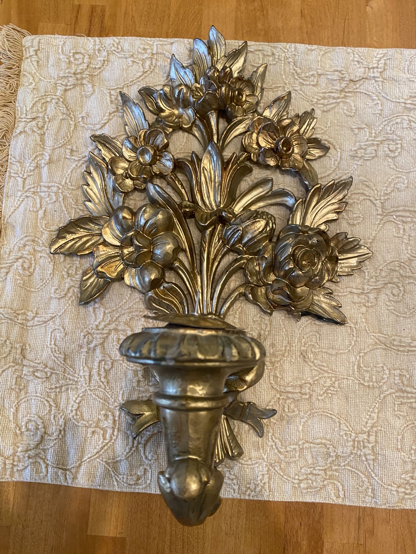 Vintage ITALY gold floral design wall sconce candle holder. Resin. 15 tall x 11 wide x 8 inches deep