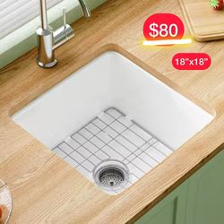18” x 18” White Fireclay Kitchen Sink – Includes Grid & Drain (New and Sealed in Box)  Bar/ Prep Sink 