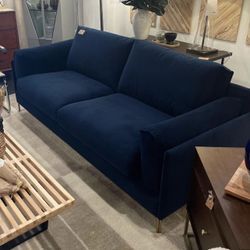 Brand new Mid Century Style Blue Velvet Sofa, Retails For Over $1800