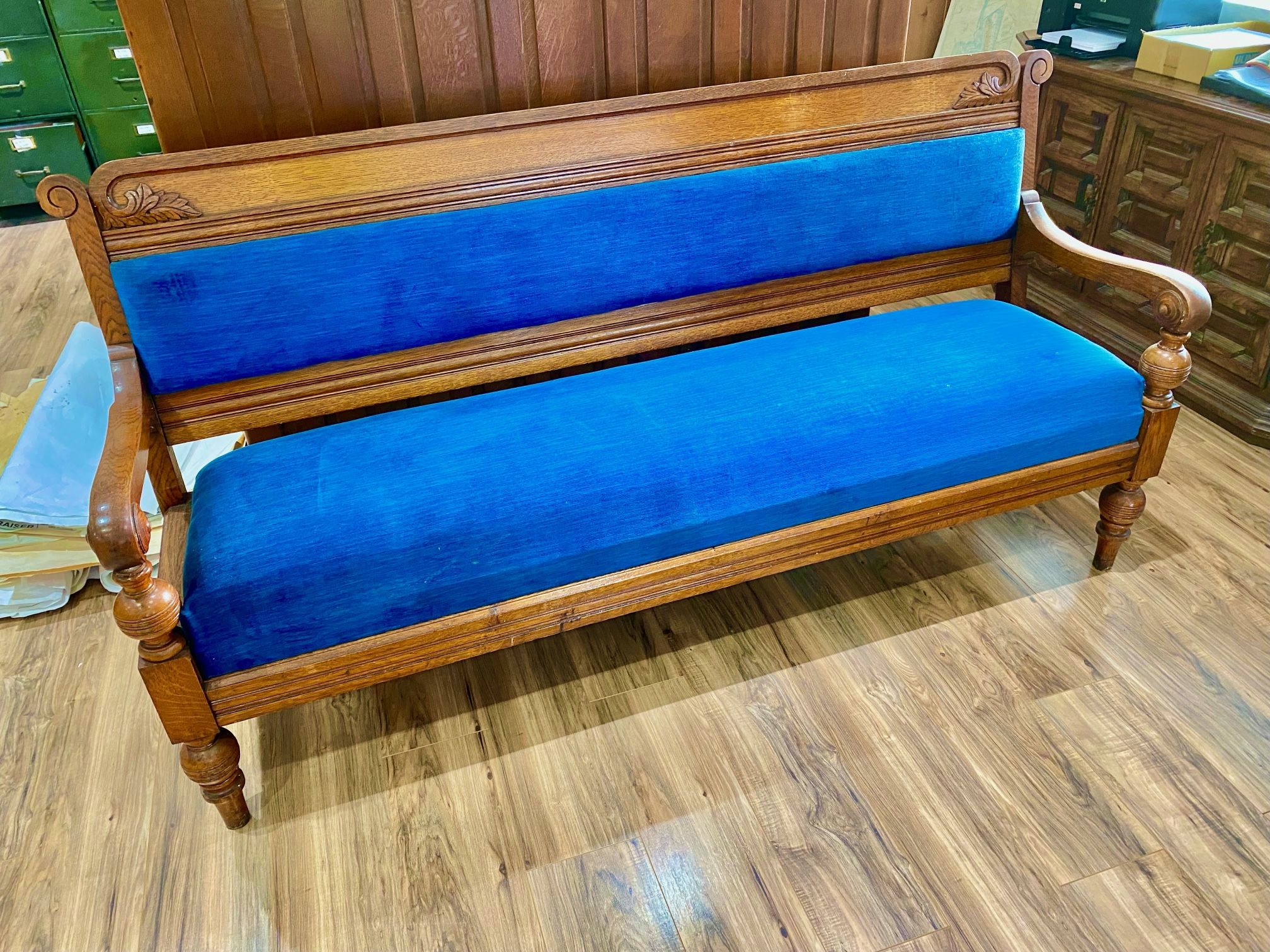 Golden Oak 1890's Railroad Station Waiting Room Bench with Velvet Upholstery and Carvings