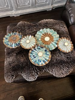 Large Metal & Mirror Wall Art – Teal, Blue & Gold – 42” Wide