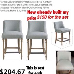New Martha Stewart Delaney Upholstered Mid-Century Modern Counter Stool with Turn Legs, Footrest and Kickplate for Kitchen Island Chairs $150 Firm no 
