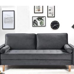 70" Modern Velvet Sofa, Mid-Century Tufted Upholstered Small Love Seat with 2 Pillows & 4 Golden Legs, 2-Seats Couches for Compact Space, L