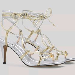 New Authentic Gucci Interlocking G Strappy Sandal Platino Silver Leather