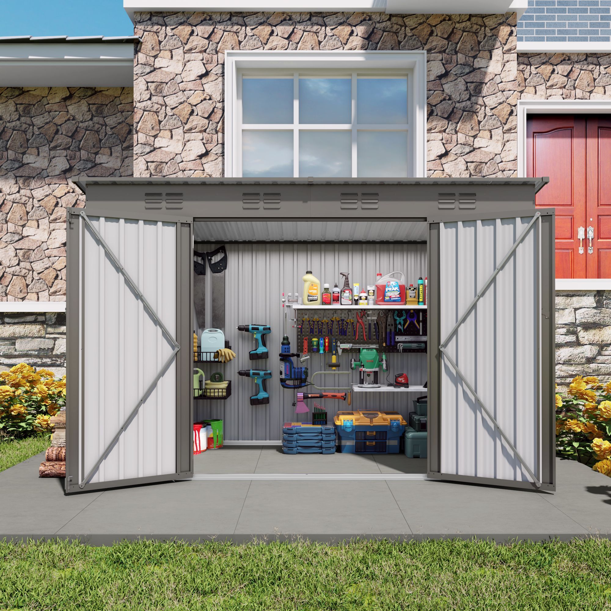 4 x 9 FT Outdoor Storage Shed Metal Garden Shed Tool House with Sloping Roof6 vents and 2 Swing Doors for Backyard GardenPatio Garage Lawn Gray