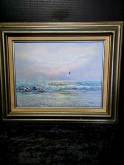 Vintage original oil painting by P. Robbins, an artist noted for creating coastal and nautical seascapes 22.5"×16.5".