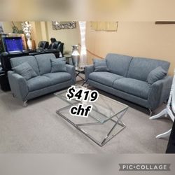 Dark Gray  Fabric 2 Piece Sofa And Loveseat Set 