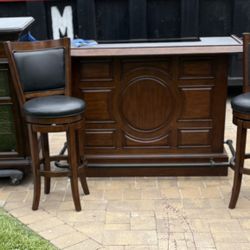 Solid wood bar w/ 2 stools and matching wine fridge granite top w/ dual temperature for red & white wines