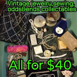 Vintage Collectables Jewelry, Sewing, Vintage Hand Bag Plus I'm Throwing In The Rolling Chrome Box! 