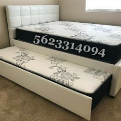 FULL/TWIN WHITE TRUNDLE BED W. ORTHOPEDIC MATTRESSES INCLUDED 