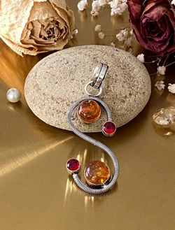 Baltic Amber And Garnet Hand Crafted S925 Sterling Silver Overlay Pendant