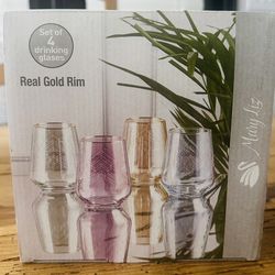 Mary Liz AKBAY Real Gold Rim Glassware Set Of 4 Drinking Glasses  Brand New 14 1/2 Oz