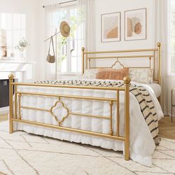 Gold Metal Bed Frame with Headboard and Footboard
