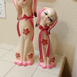 Vintage Pink Kitschy Ceramic Dog Couple Figurines