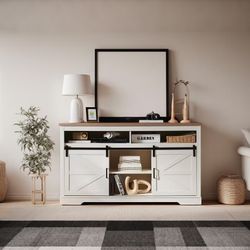 Farmhouse TV Stand for 65+ Inch TV, 33 Tall Highboy Entertainment Center w/Sliding Barn Door, Rustic Media Console w/Storage Shelves, Wood Television 