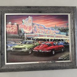 Framed Canvas Old Cars And Diner 