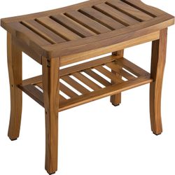 New Teak Shower Bench, Spa Bath Shower Stool with Storage Shelf, Wooden