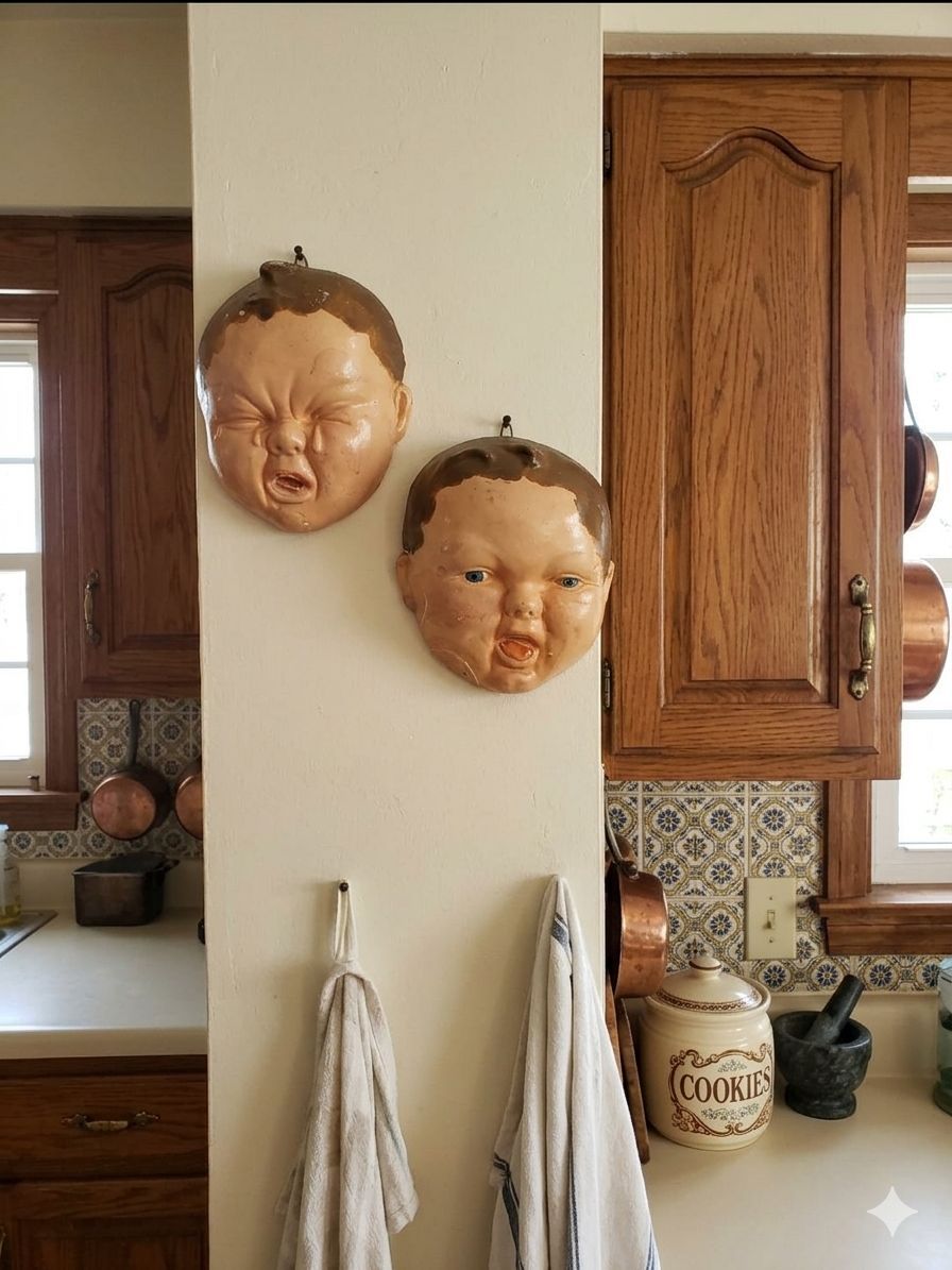 Vintage chalkware or composition baby doll face "Sour Baby" heads collectibles
