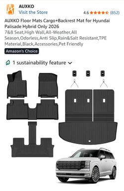 Floor Mats Cargo+Backrest Mat for Hyundai Palisade Hybrid Only 2026 7&8 Seat,High Wall,All-Weather,All Season,Odorless,Anti Slip,Rain&Salt Resistant,T