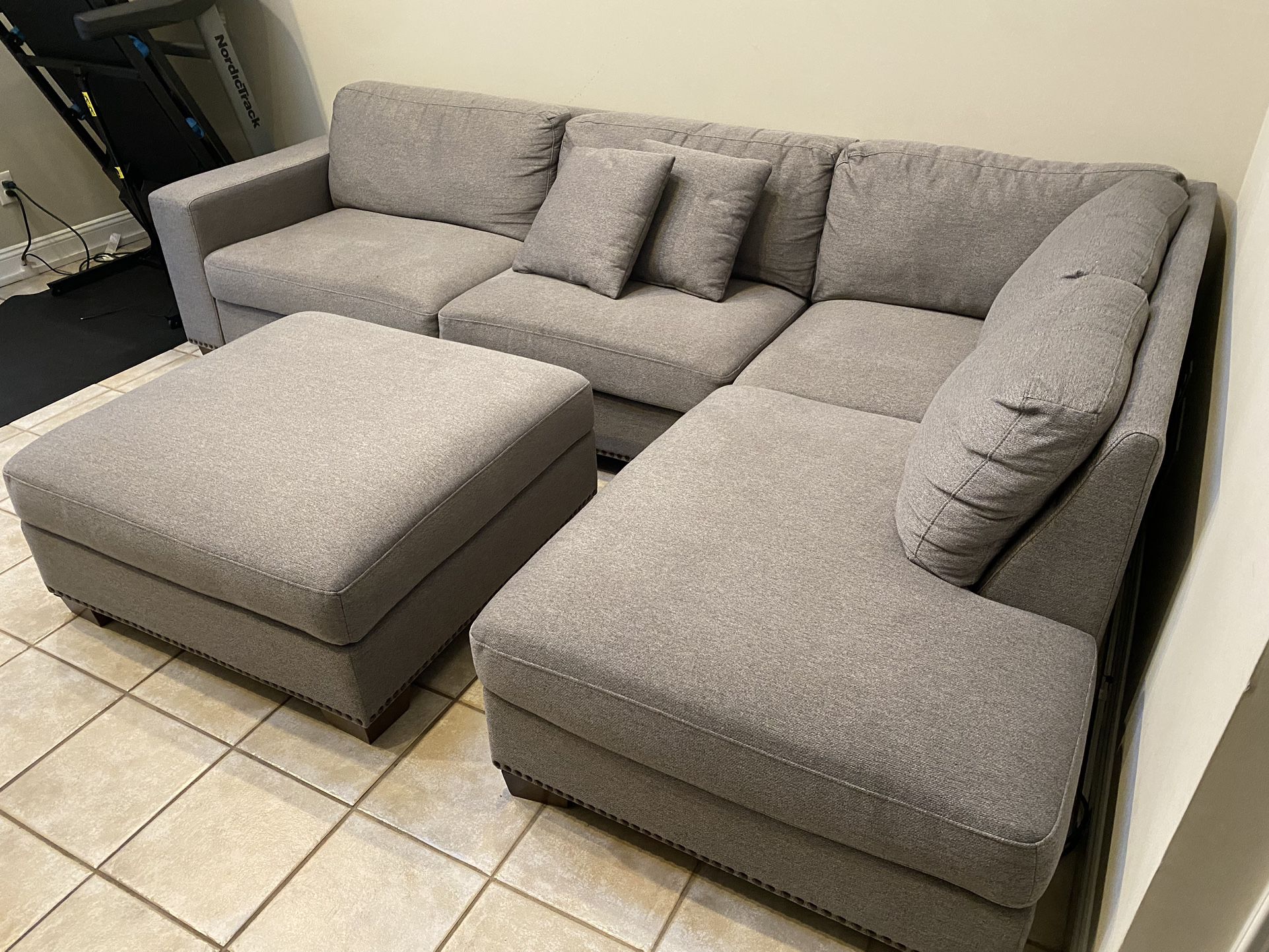 FREE DELIVERY AND INSTALLATION - Costco Fabric Sectional Gray Color (Pillows and Ottoman Included)