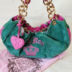 Juicy Royal Couture 2007 Y2K Rare Vintage Green Pink Velour Hobo Shoulder Bag Handbag (With Original Dust Bag)