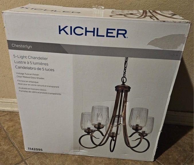 KICHLER CHESTERLYN 5-LIGHT CHANDELIER VINTAGE TUSCAN FINISH #82275 - LIGHT GLASS MARKS