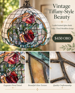 Vintage Tiffany Reproduction Stained Glass Lamp | Tulip Floral Medallion