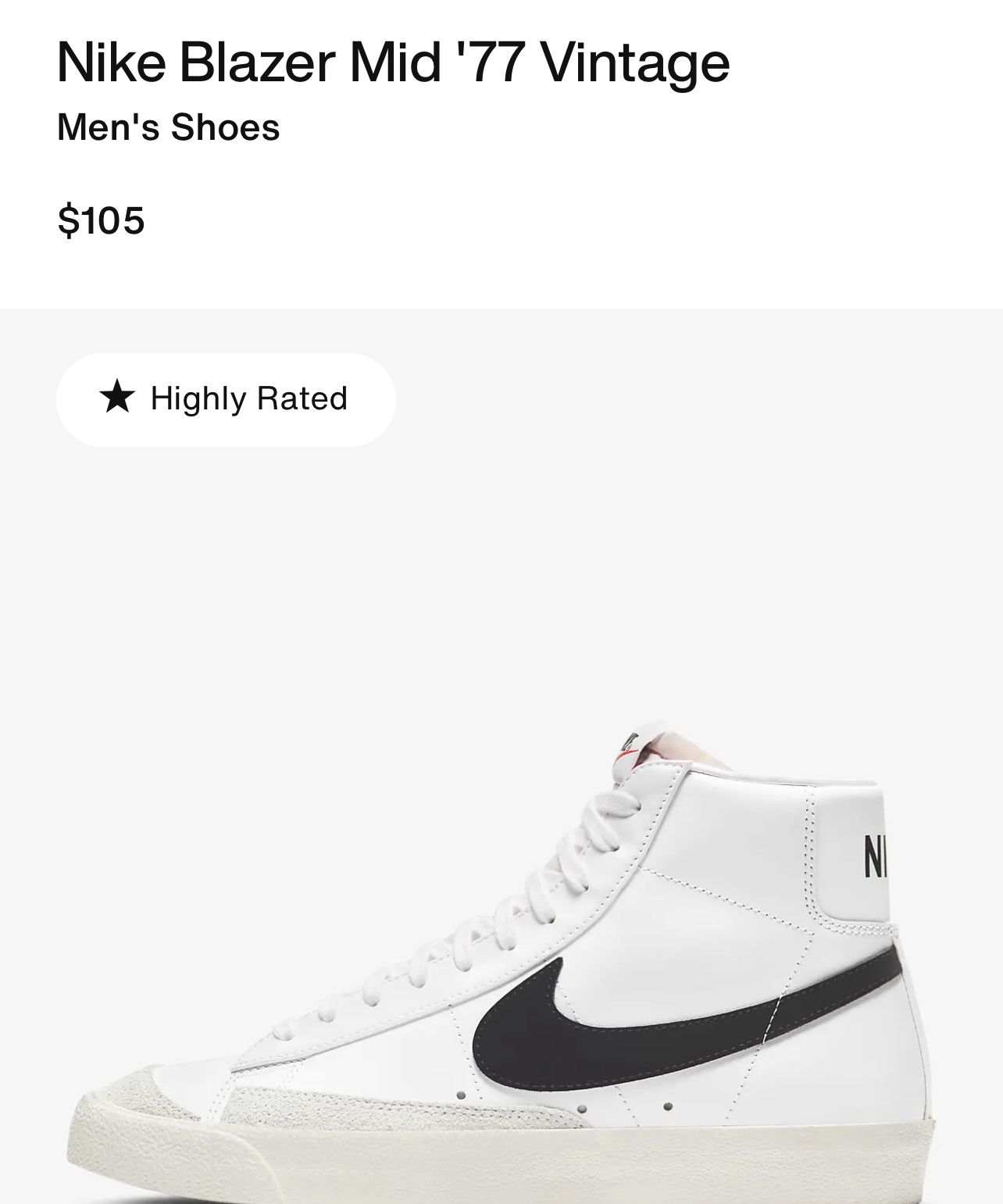 Nike Blazer Mid 77 Vintage Size 8,5 Mens. 10 Woman