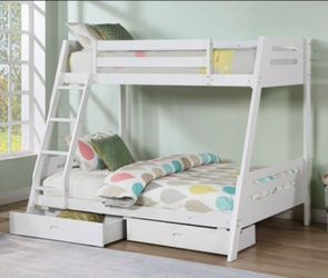 Brand New White Twin Over Full Bunk Bed w Trundle Drawers