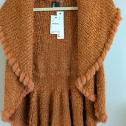 NEW W TAGS RABBIT TRIMMED RUST VEST BY LOVE TOKEN, RETRO DESIGN