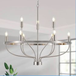 9 Light Brushed Nickel Chandelier 30” Modern Farmhouse Ceiling Light Adjustable