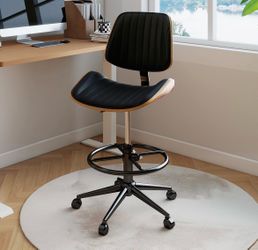 Drafting Chair, Ergonomic Office Chair with Walnut Wood Back Support, Armless PU Leather Desk Chair with Height-Adjustable, Thick Cushion for Home,