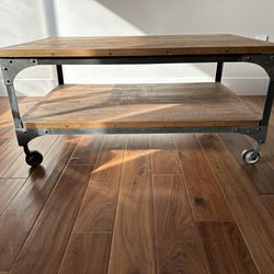 Coffee Table with casters, shelf, metal trim