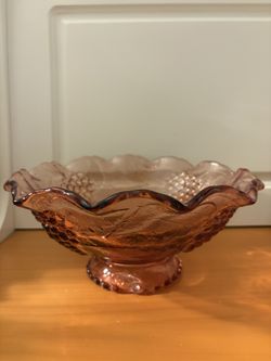Vintage Pink Pedestal Depression Glass Serving Bowl With Grapes and Leaves