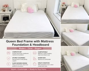 Queen Bed Frame with Mattress Foundation & Headboard – Modern White Set
