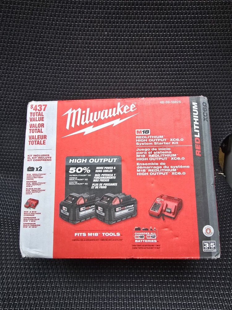 New. Milwaukee M18 18-Volt Lithium-Ion High Output Starter Kit with Two 6.0 Ah Battery and Charger