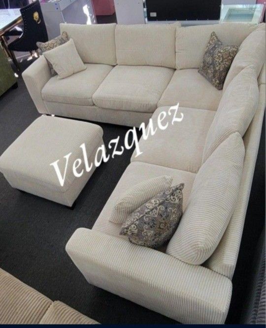 ✅️✅️ 4pc for grey corduroy fabric upholstered sectional sofa with ottoman ✅️✅️