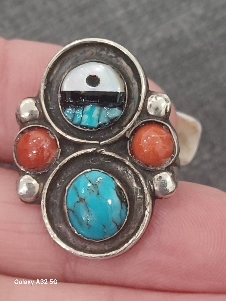 Vtg.Southwestern sterling silver Turquoise & Coral Ring- Sz7 