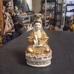 Guan Yin Figurine Seated On Lotus Throne, Gold Accentuated Buddhist Goddess-Pinnacle Of Mercy, Compassion, Kindness & Love 6.5"H