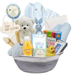 🍼 For Sale: New Baby Boy Gift Basket | Light Blue Newborn Essentials Set