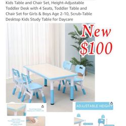 New Kids Table and Chair Set, Height-Adjustable Toddler Desk with 4 Seats, Toddler Table and Chair Set for Girls & Boys Age 2-10, Scrub-Table Desktop