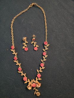 Pink Rose Rhinestone Necklace and Earrings