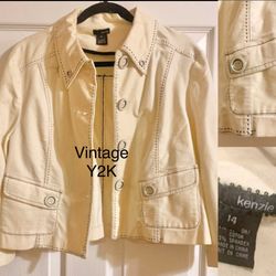 Vintage KENSIE Y2K Cropped Ivory Jacket Contrast Pick-Stitch Utility Blazer L